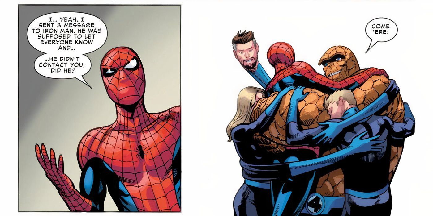 Spider-Man hugging The Fantastic Four in Marvel Comics.