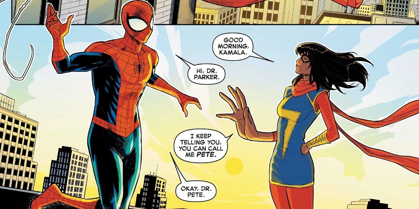 Spider-Man meeting with Ms. Marvel at sunrise in Marvel Comics.
