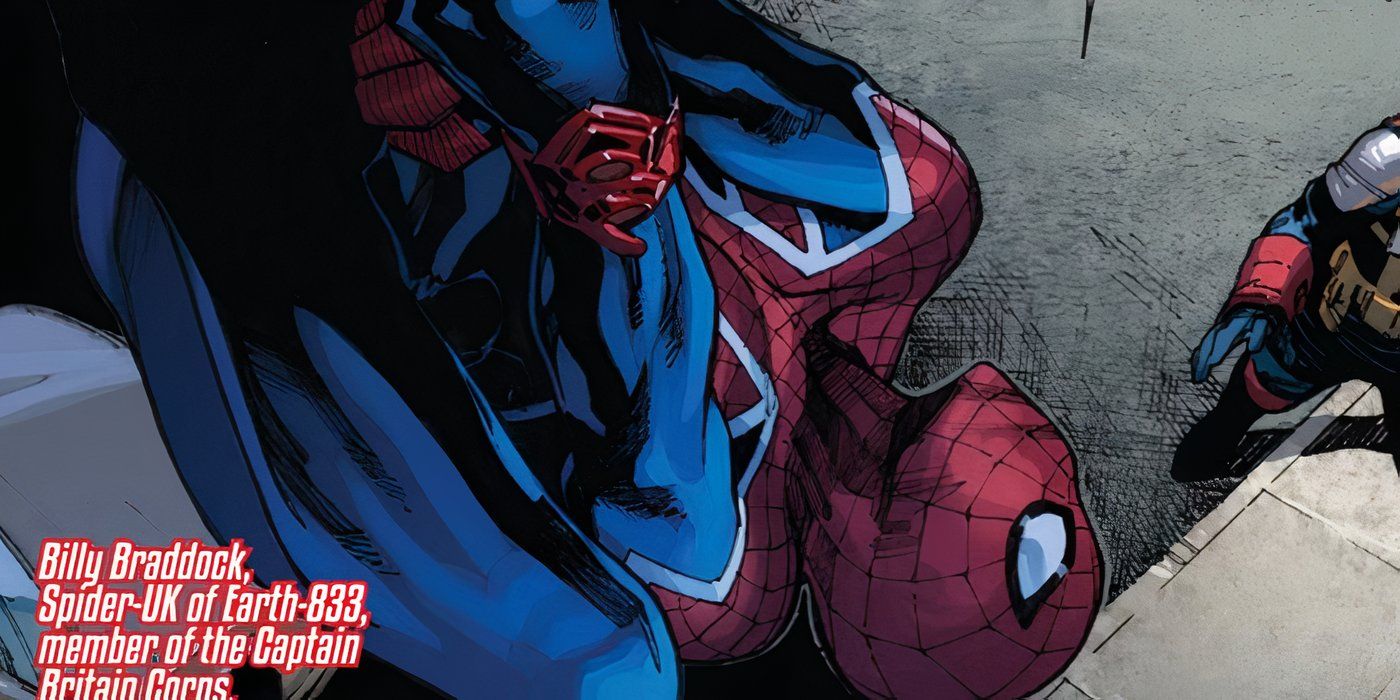 Spider-Man UK hanging upside down in Marvel Comics