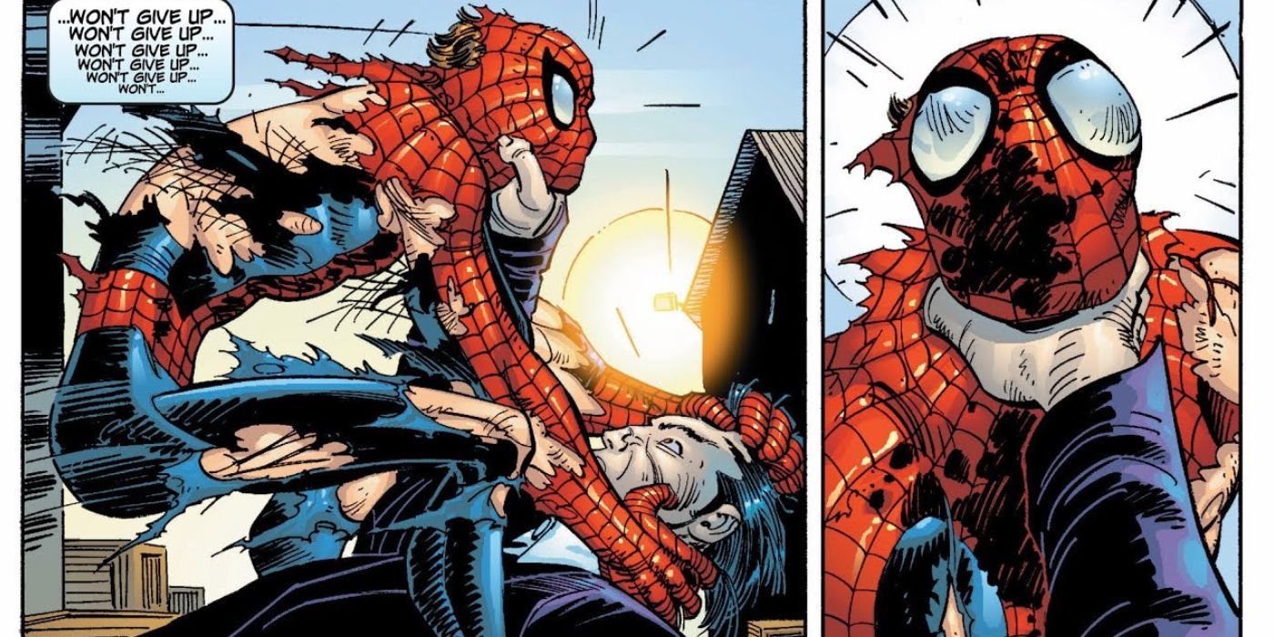 Beaten Spider-Man being choked by Morlun in Marvel Comics.
