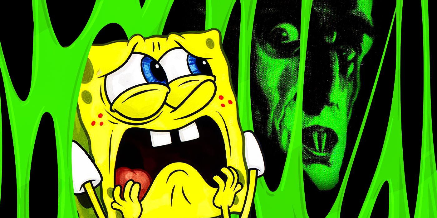 Spongebob Squarepantys making a scared face at Count Orlok from Nosferatu with green slime as the background