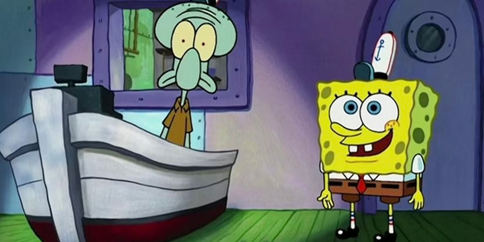 Squidward looking scared while SpongeBob smiles in the Krusty Krab in the 2002 SpongeBob Squarepants episode “Graveyard Shift”