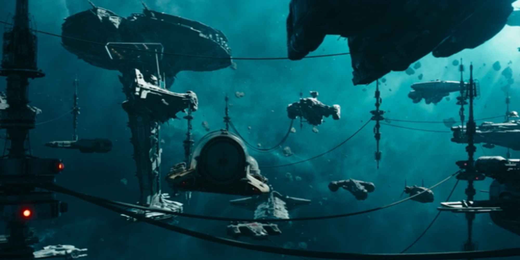 Wide-shot of several ships parked outside a starport in Star Wars: Skeleton Crew ​​​​​​​Episode 3