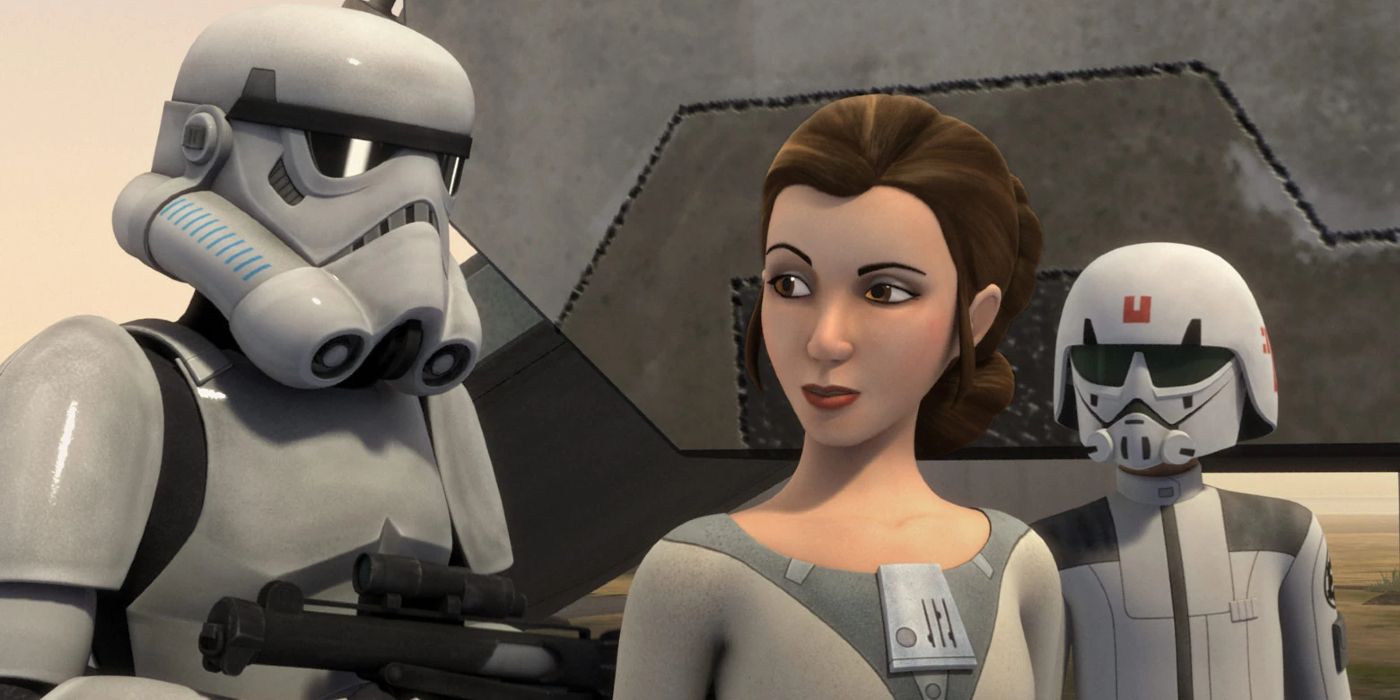 Princess Leia with two storm troopers in Star Wars Rebels. 