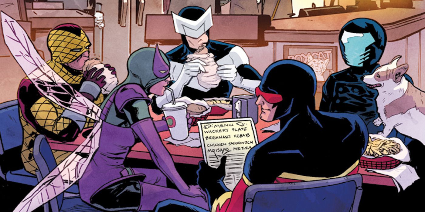 The team of super villains eat lunch in the Superior Foes of Spider-Man