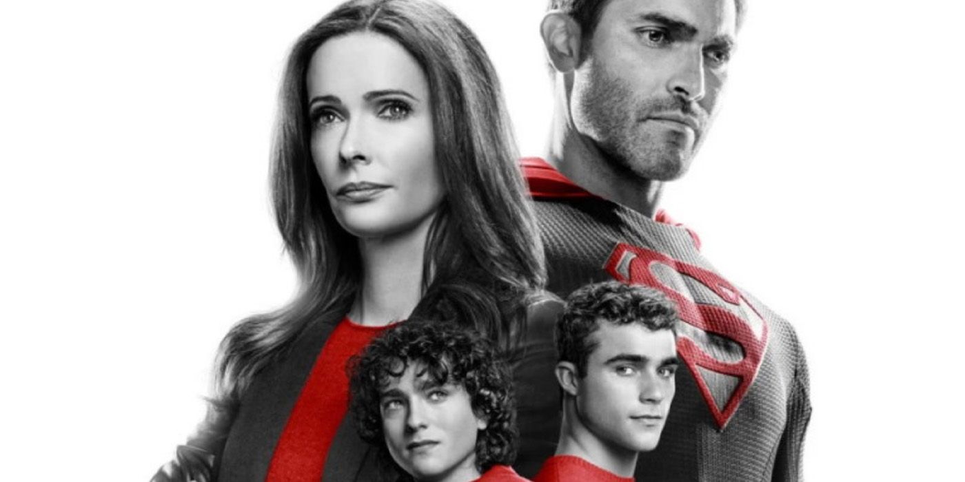 A close-up on the 'Superman & Lois' Season 3 poster featuring Elizabeth Tulloch as Lois Lane and Tyler Hoechlin as Superman up top and Alex Garfin as Jordan Kent and Michael Bishop as Jon Kent on the bottom.