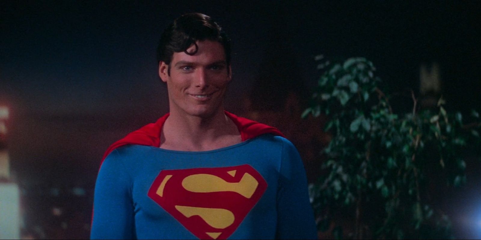 Superman, played by Christopher Reeve, smiles in 'Superman'.