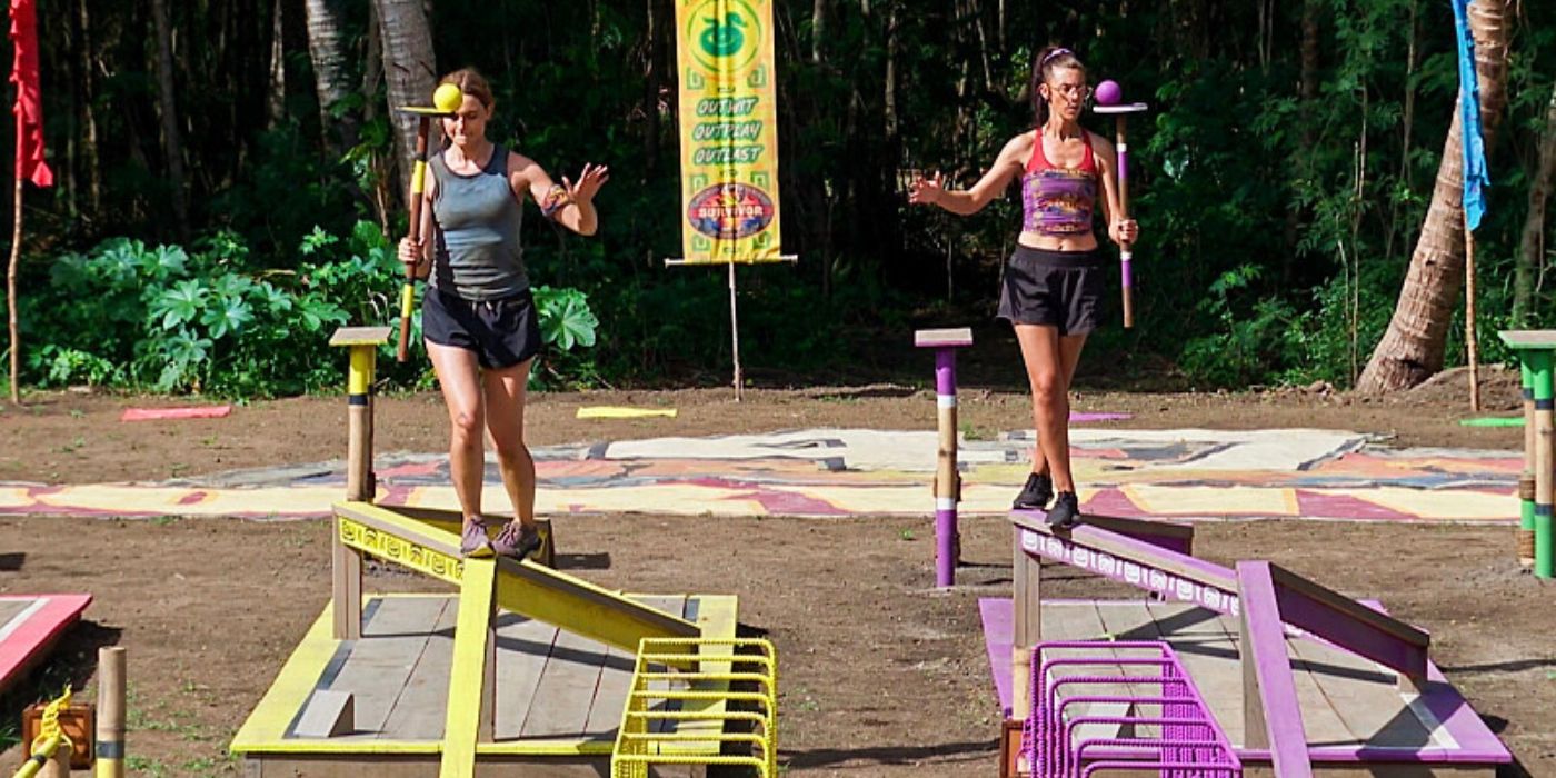 Caroline and Genevieve compete on the balance beam on 'Survivor 47.'