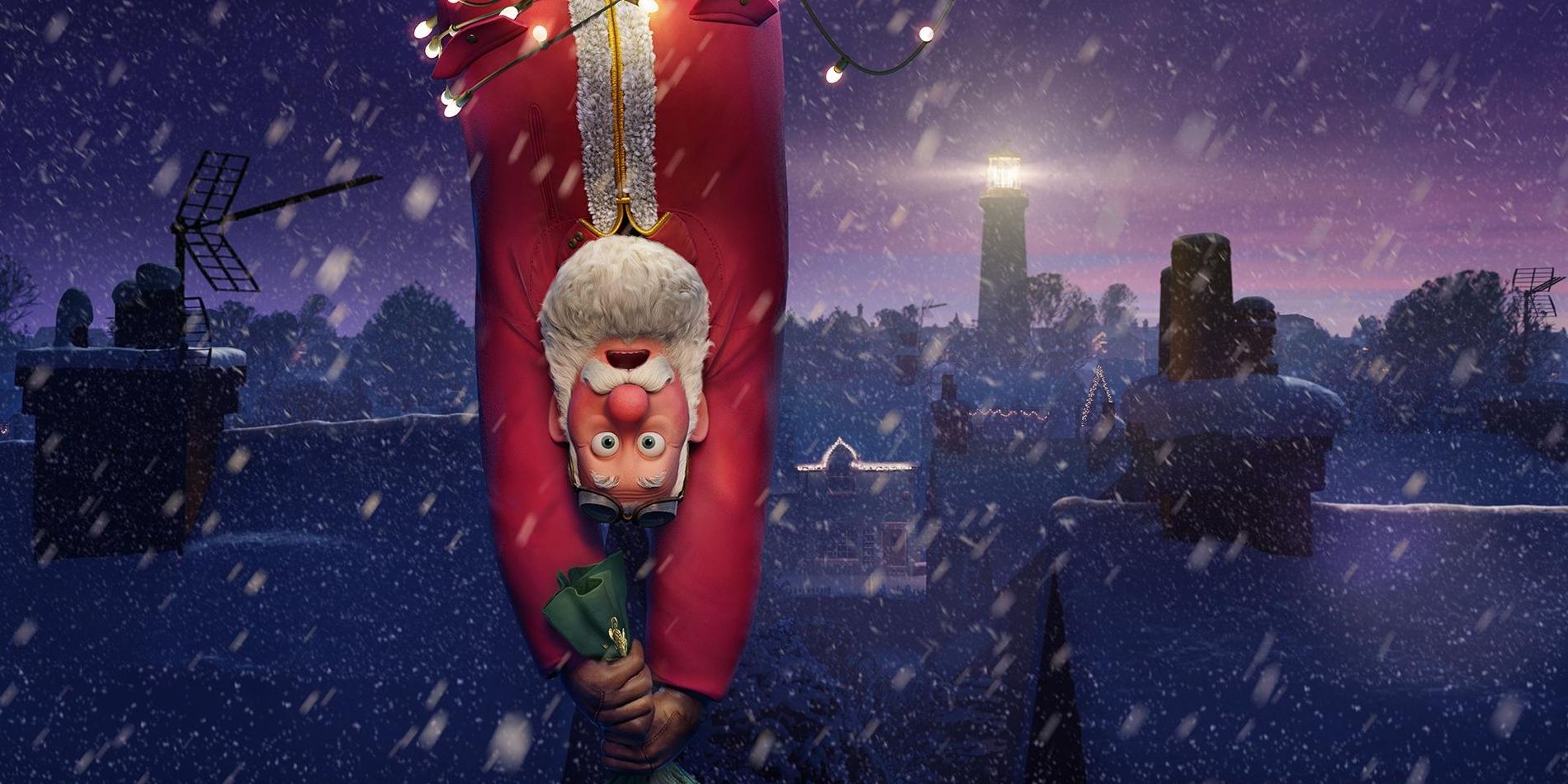 A worried looking Santa hangs upside down in a snowy street in That Christmas.