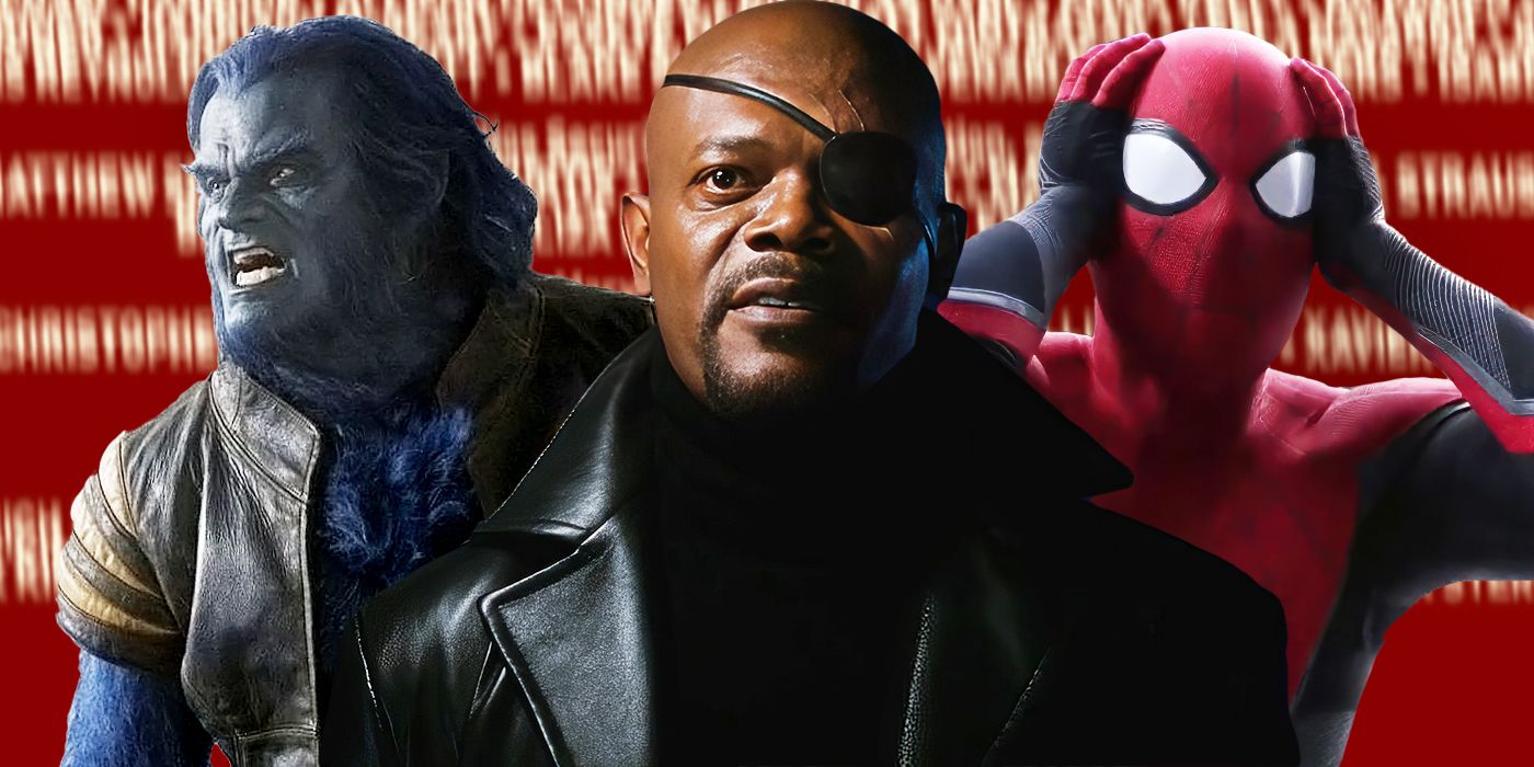 Blended image showing Beast, Nick Fury, and Spider-Man in the MCU.