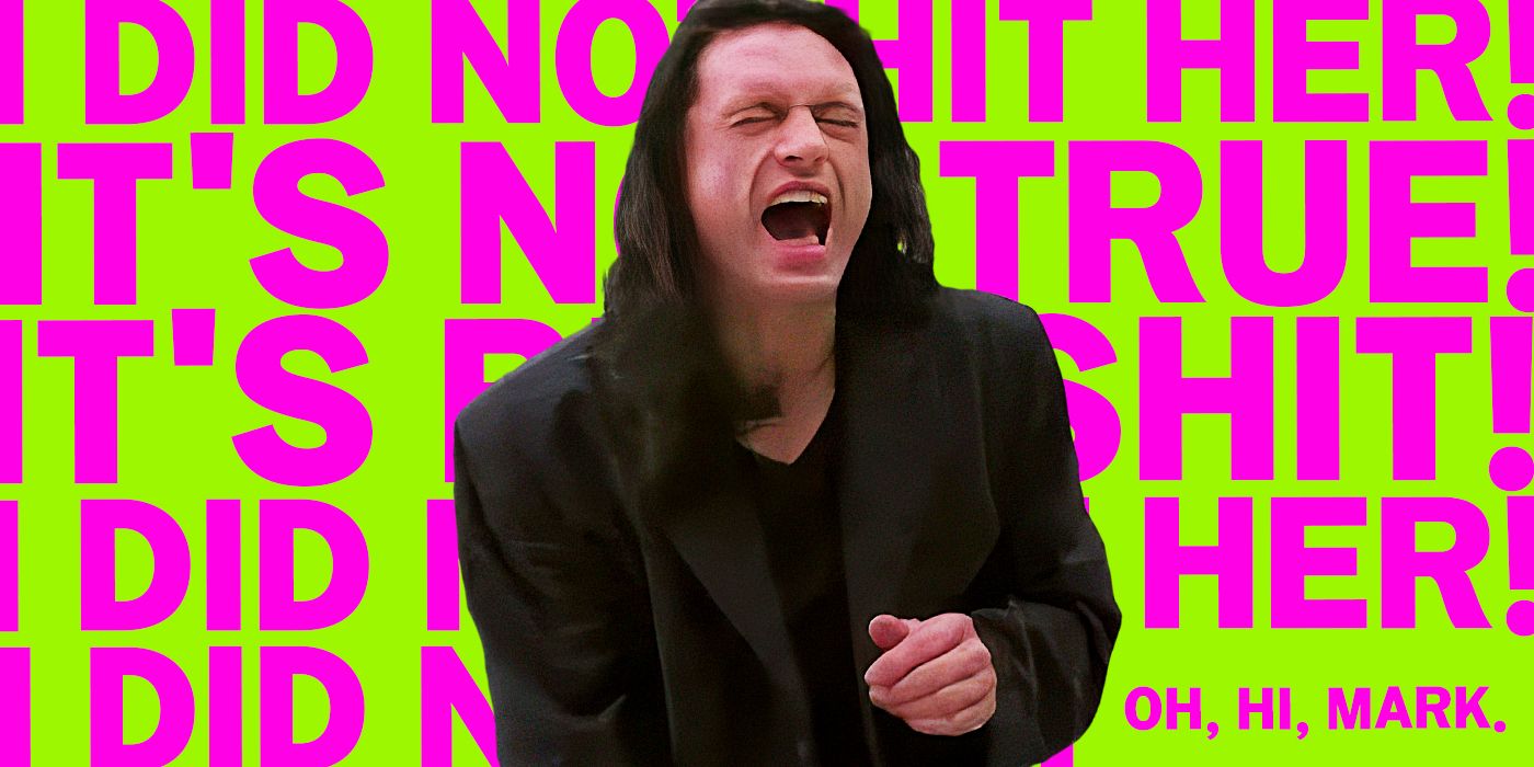 Blended image showing Tommy Wiseau with a quote from The Room in the background