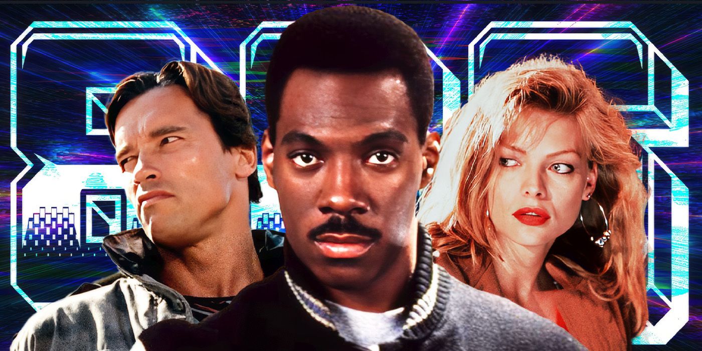 Blended image showing Arnold Schwarzenegger, Eddie Murphy, and Michelle Pfeiffer with the word '80s in the background.