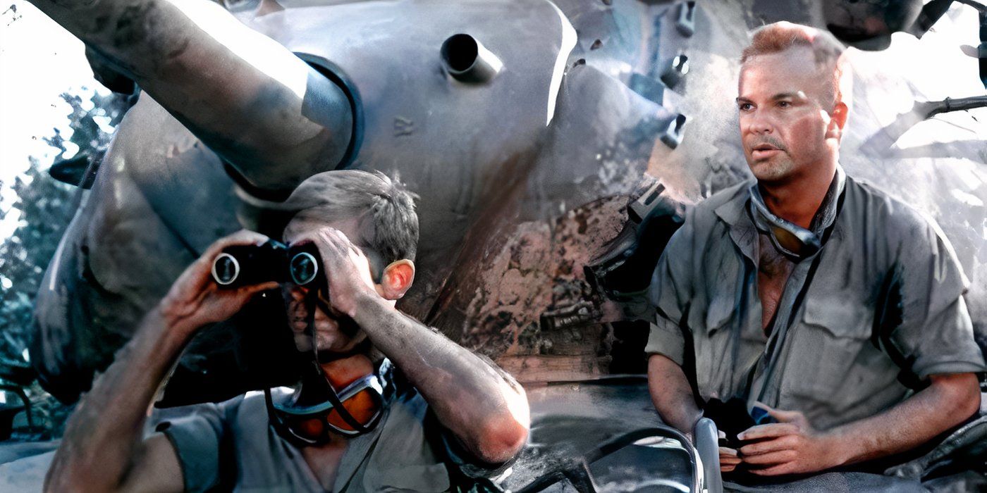Two soldiers looking ahead, with one using binoculars, in The Battle of the Last Panzer' (1969) 1