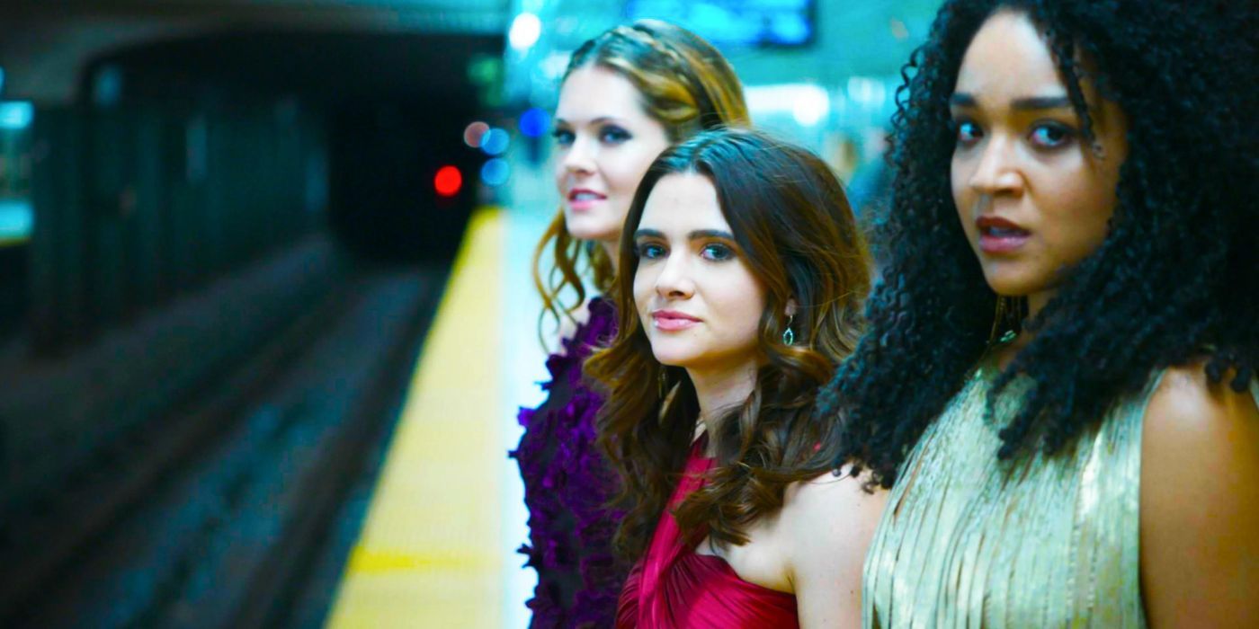 Meghan Fayhey as Sutton Brady, Katie Stevens as Jane Sloan, and Aisha Dee as Kat Edison standing on a subway platform n in The Bold Type