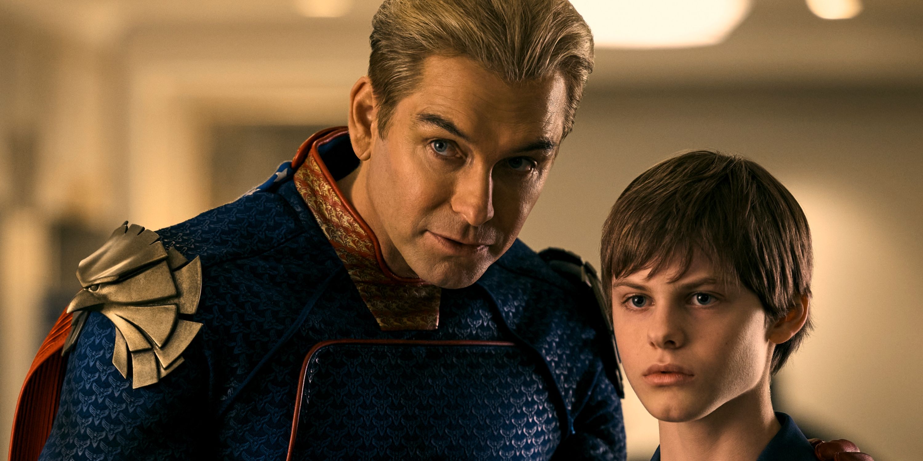 Antony Starr as Homelander leaning into Cameron Crovetti as his son Ryan in Season 4 of The Boys