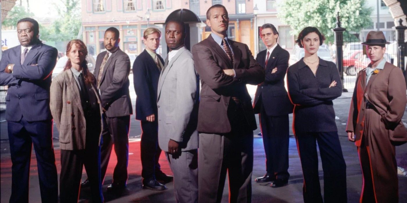 The cast of Homicide: Life on the Street led by Andre Braugher and Kyle-Secor.