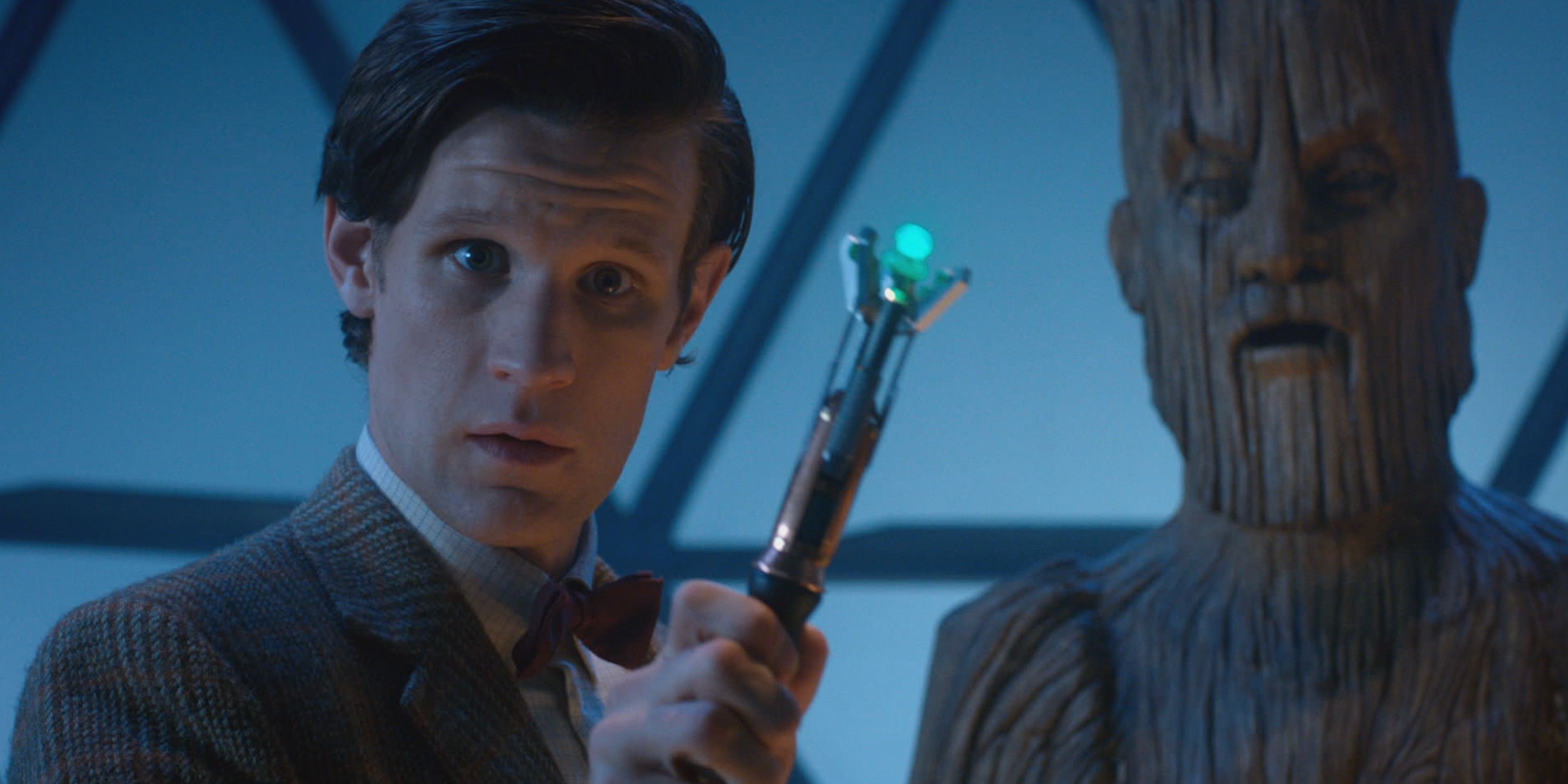 Matt Smith as the Eleventh Doctor holding up his screwdriver in "The Doctor, the Widow and the Wardrobe"