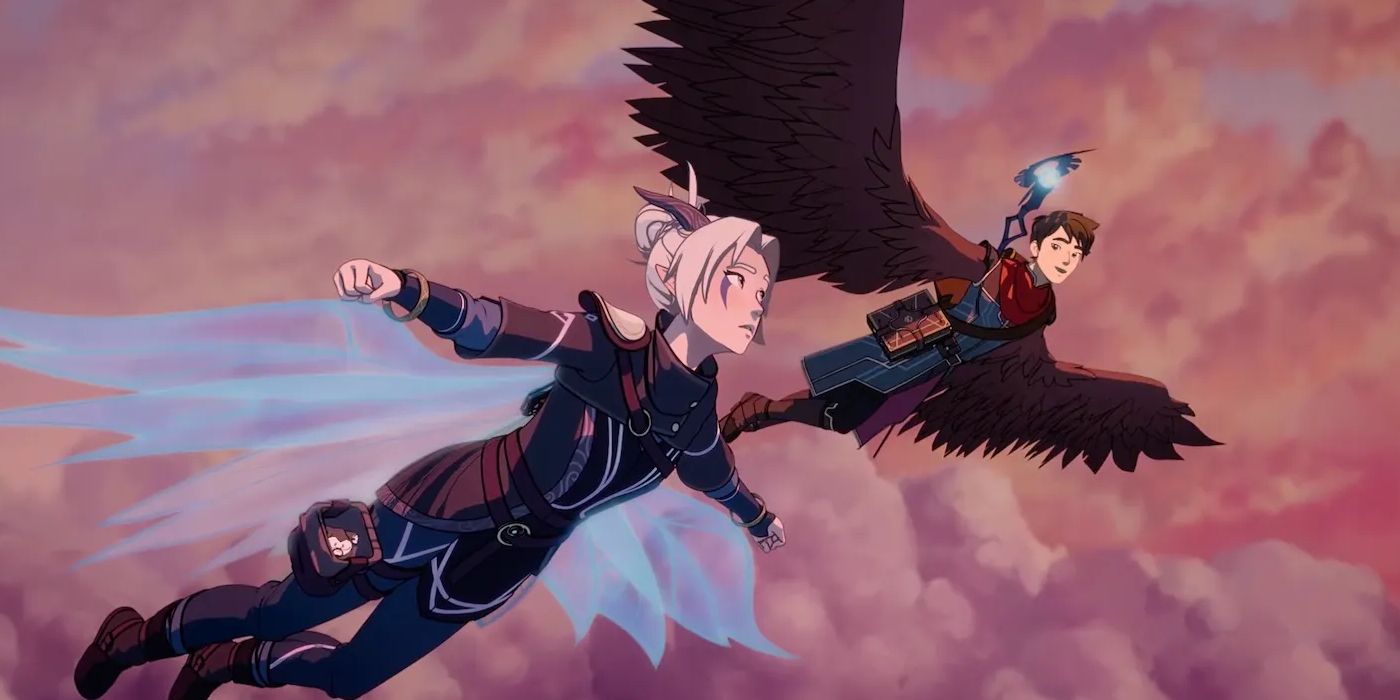 Callum (Jack De Sena) and Rayla (Paula Burrows) flying in The Dragon Prince