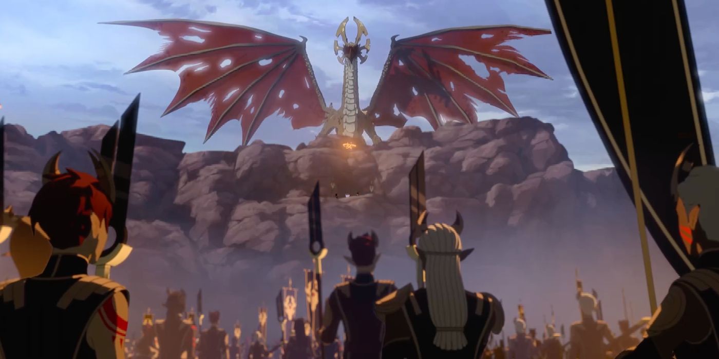 Sol Regem (Adrian Hough) standing over the Sunfire Elf army in The Dragon Prince