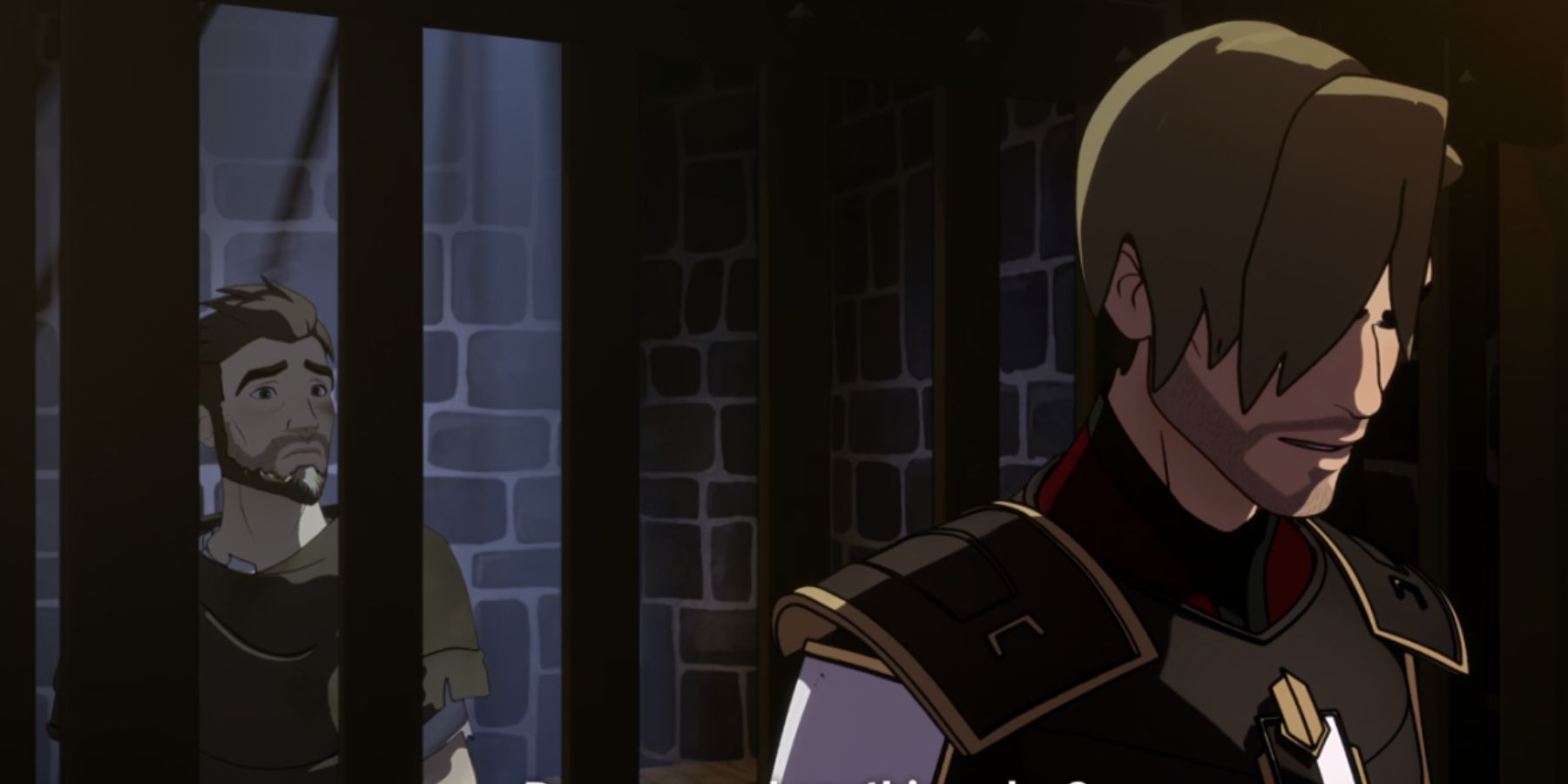 Soren (Jesse Inocalla) turning his back on a locked up Viren (Jason Simpson)​​​​​​​ in The Dragon Prince