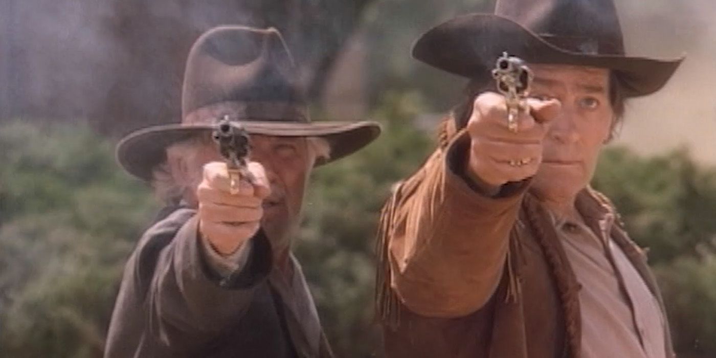 Brady Hawkes (Kenny Rogers) and Cheyenne Bodie (Clint Walker) shoot at their enemies