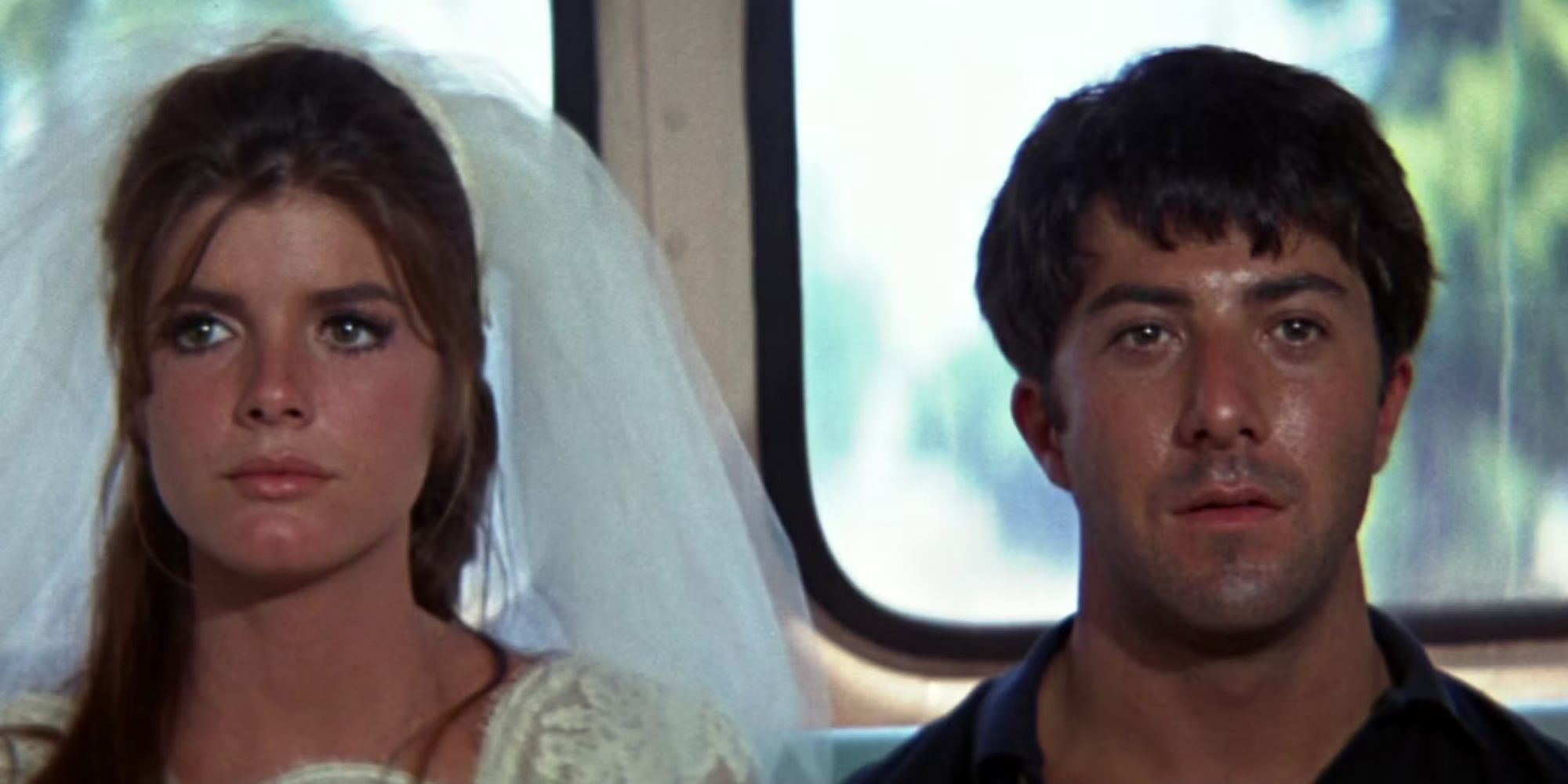Katherine Ross as Elaine and Dustin Hoffman as Ben after running out of Elaine&rsquo;s wedding in The Graduate.