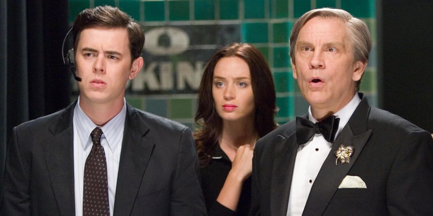 Troy (Colin Hanks), Valerie (Emily Blunt), and Buck (John Malkovich) looking shocked in The Great Buck Howard.