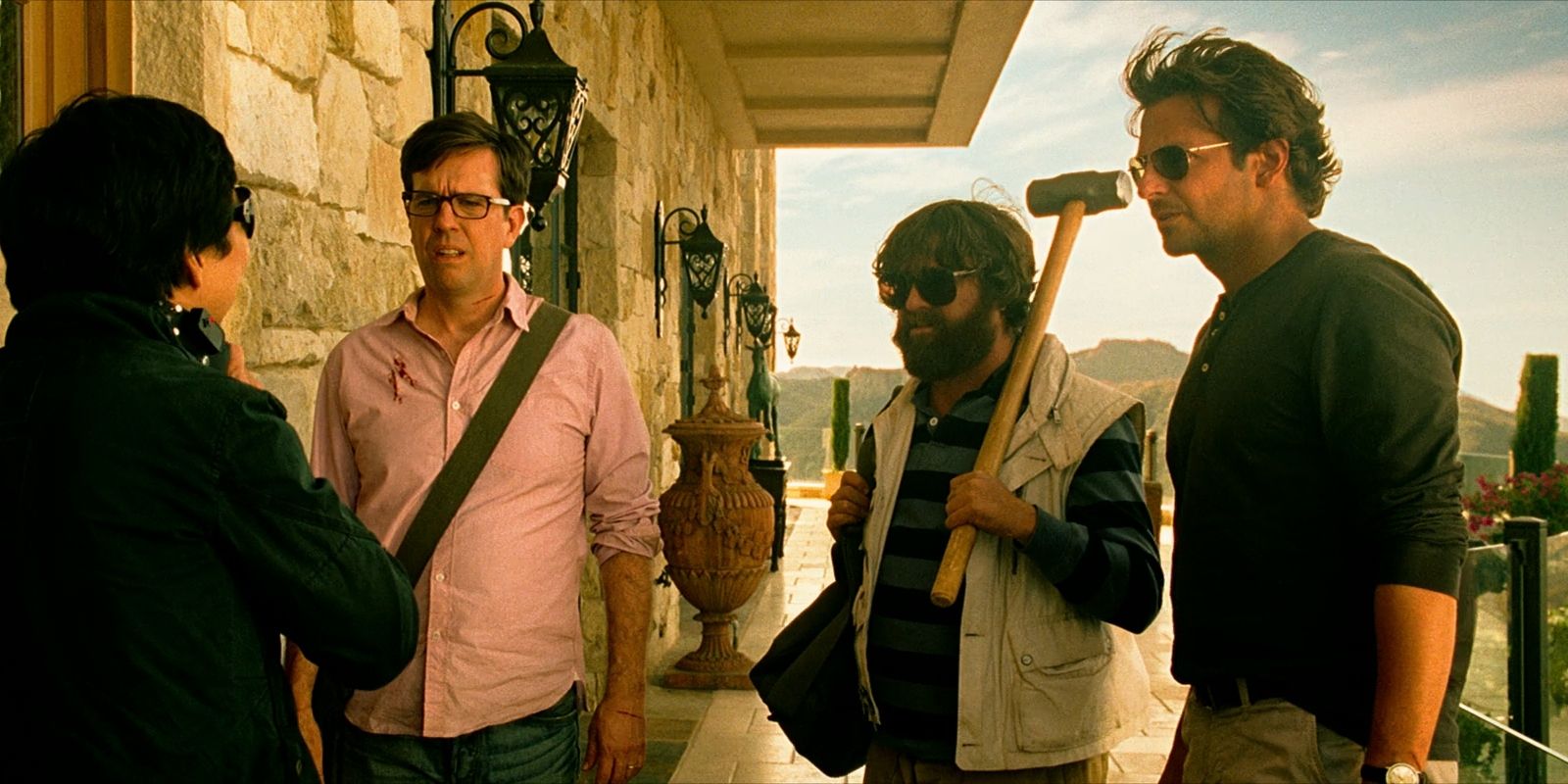 Stu Price, Alan Garner and Phil Wenneck look at Leslie Chow in 'The Hangover Part III'.