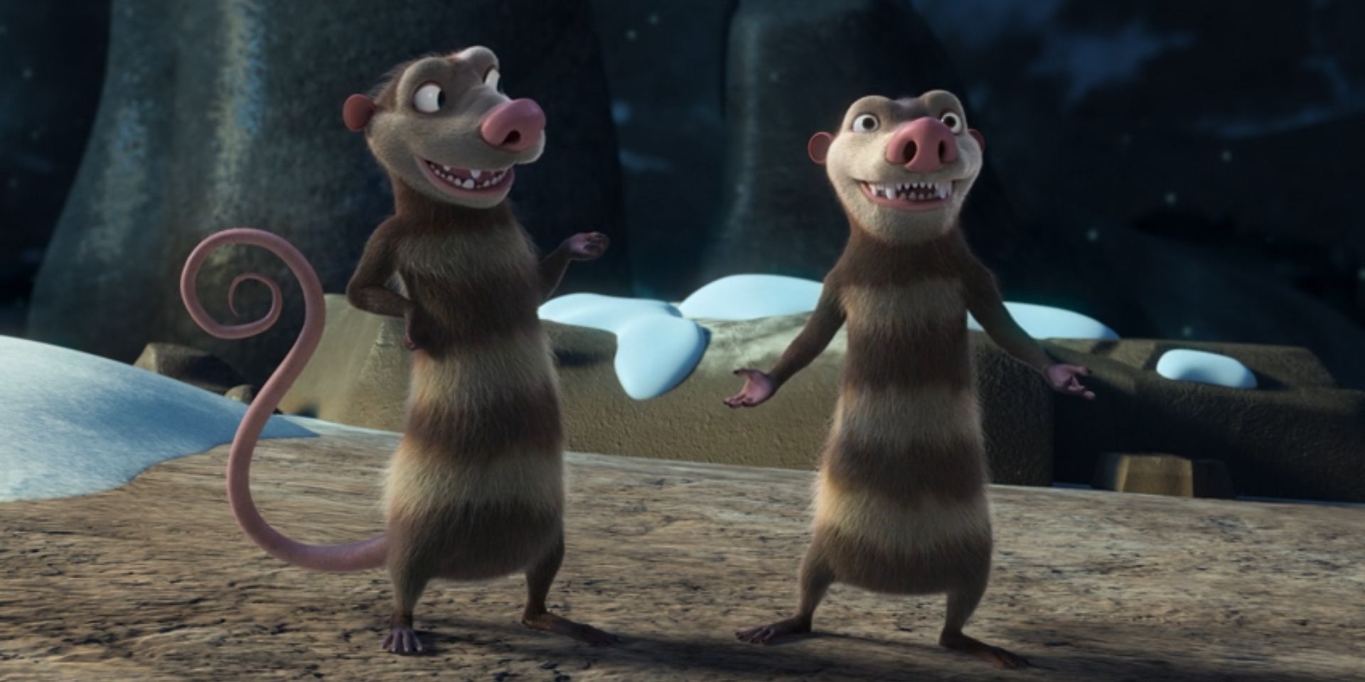 Crash, voiced by Vincent Tong, and Eddie, voiced by Aaron Harris, look happy in 'The Ice Age Adventures of Buck Wild'.