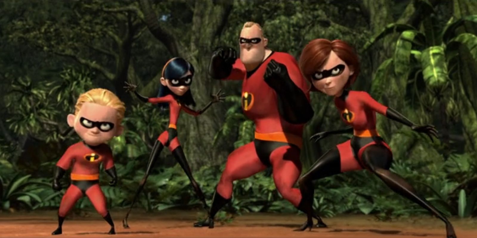 The Incredibles, consisting of Dash, Violet, Mr. Incredible and Elastigirl, pose for battle in 'The Incredibles'.