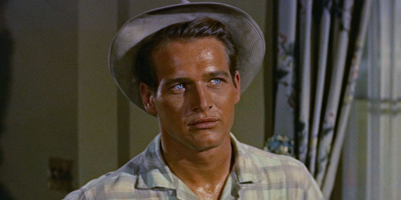 Paul Newman as Ben Quick with a tan and wearing a hat, looking at something off camera in The Long, Hot Summer.