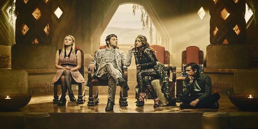 The main characters sit on thrones to rule Fillory in 'The Magicians.'