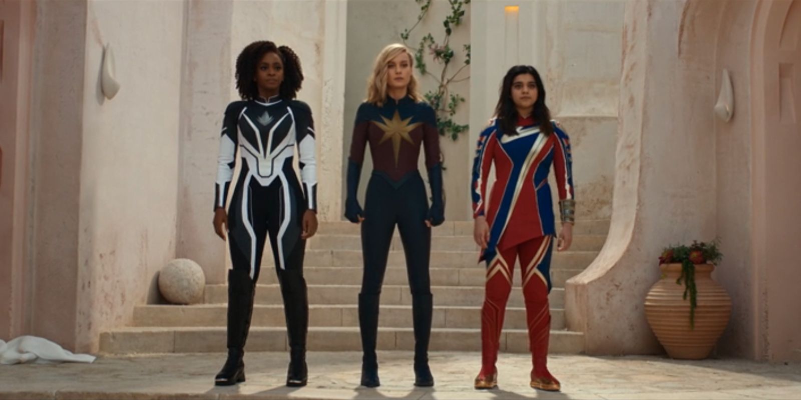 Monica Rambeau, Carol Danvers and Kamala Khan stand side-by-side in 'The Marvels'.