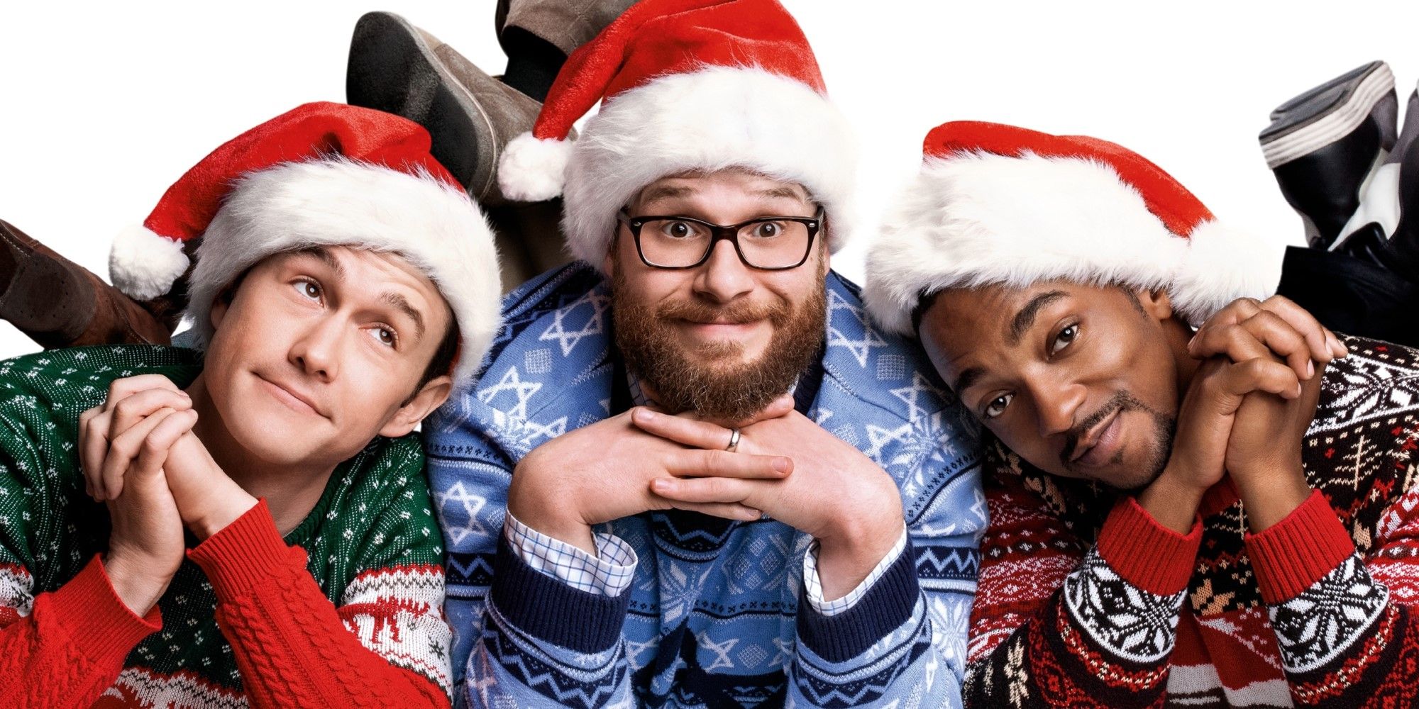 Joseph Gordon-Levitt, Seth Rogen, and Anthony Mackie in 'The Night Before' promotional image.