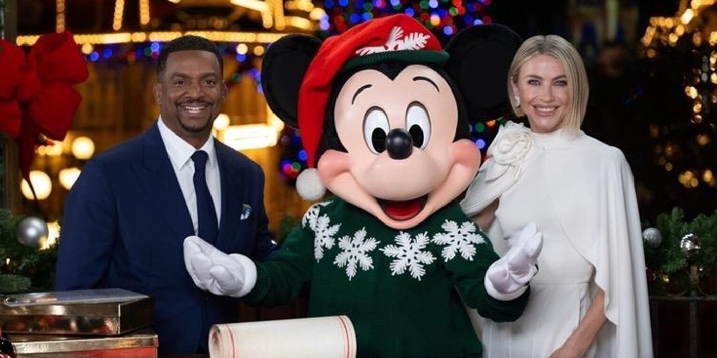Julianne Hough and Alfonso Ribeiro posing with Mickey Mouse in &lsquo;The Wonderful World of Disney Holiday Special&rsquo;.