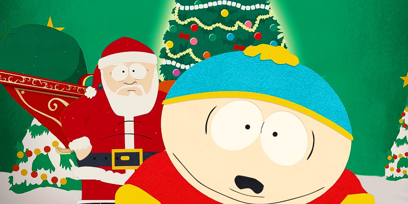 Cartman and Santa from South Park with a christmas tree in the background