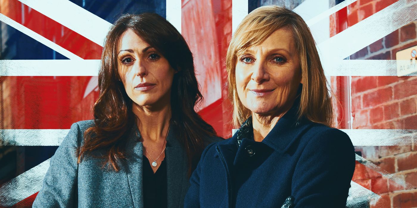 Suranne Jones and Lesley Sharp in Scott &amp; Bailey with the Union Jack flag behind them
