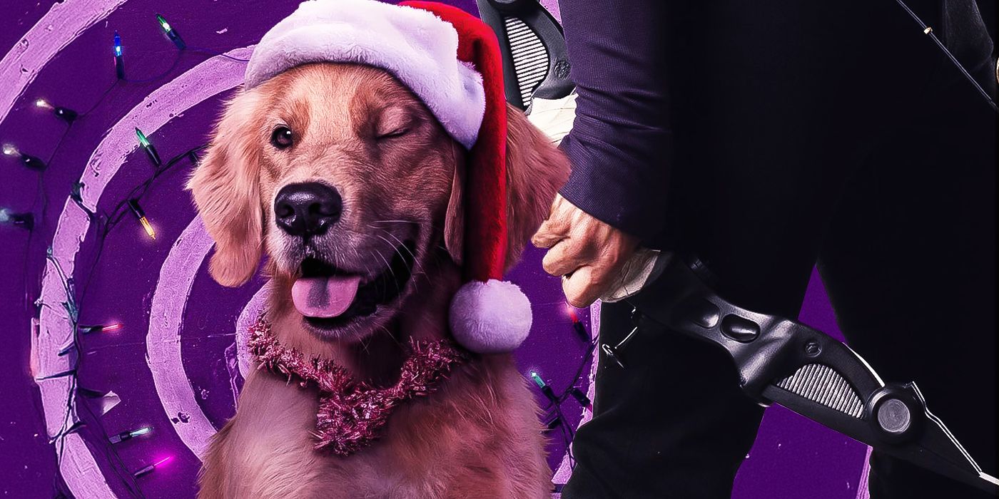 Lucky the pizza dog winking with a santa hat on next to kate bishop's arm holding a bow for Marvel's Hakweye