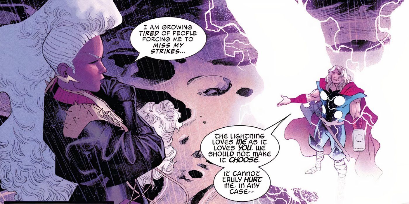 Thor pleading with Storm in Marvel Comics.