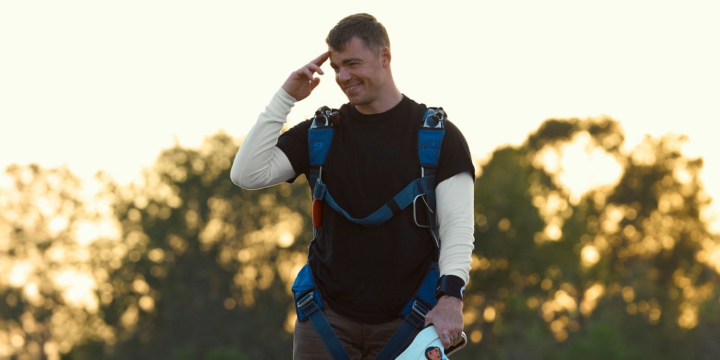 Gabriel Basso performing a stunt to promote the Night Agent Season 2