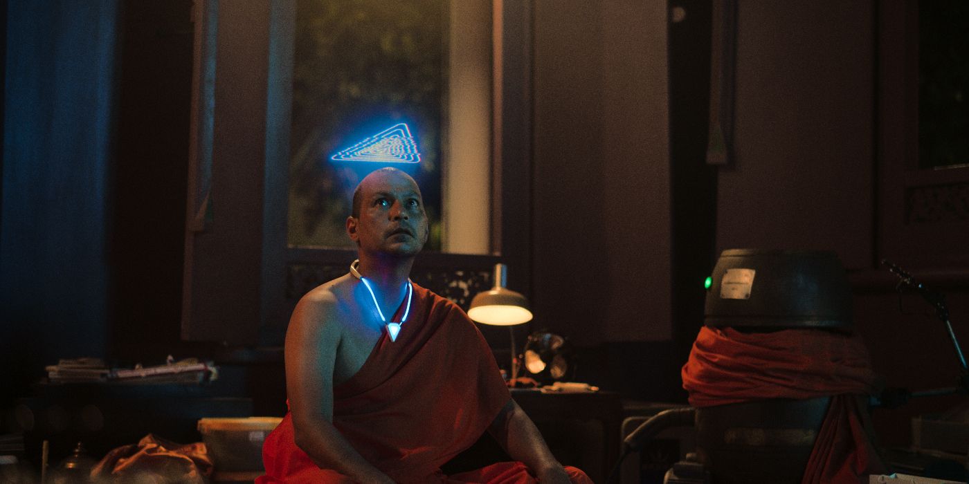 A monk with a halo-like hologram above his head in Tomorrow and I Episode 1