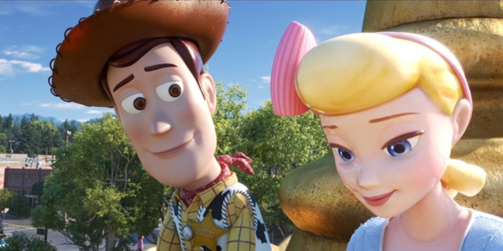 Woody, voiced by Tom Hanks, looks at Bo Peep, voiced by Annie Potts, in 'Toy Story 4'.