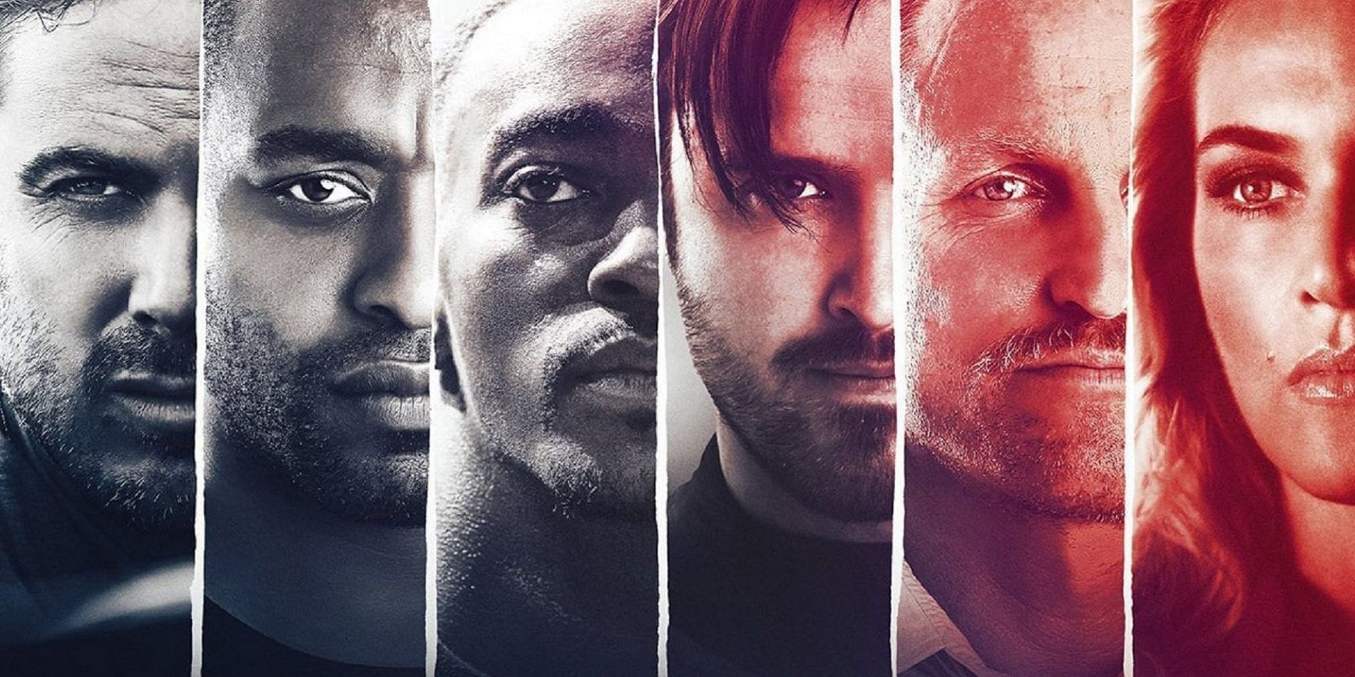 The left halves of the faces of actors Casey Affleck, Chiwetel Ejiofor, Anthony Mackie, Aaron Paul, Woody Harrelson and Kate Winslet lined up on the poster for Triple 9.