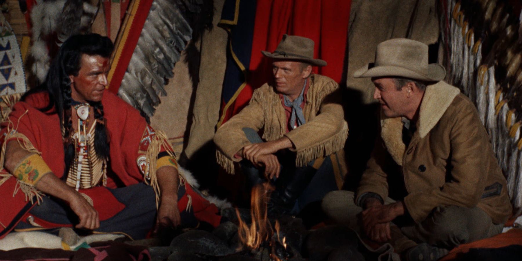 Jimmy Stewart and Richard Widmark with a Comanche tribe in 'Two Rode Together'