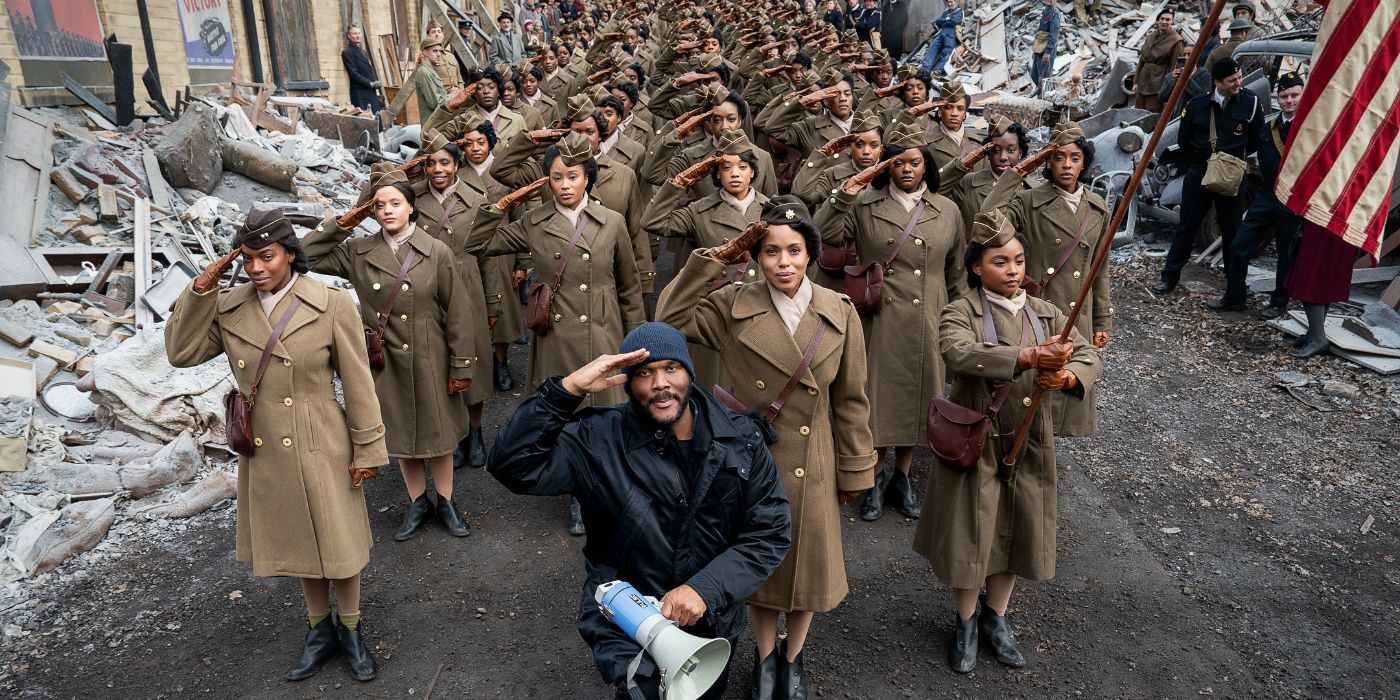 Tyler Perry and Kerry Washington on the set of The Six Triple Eight.