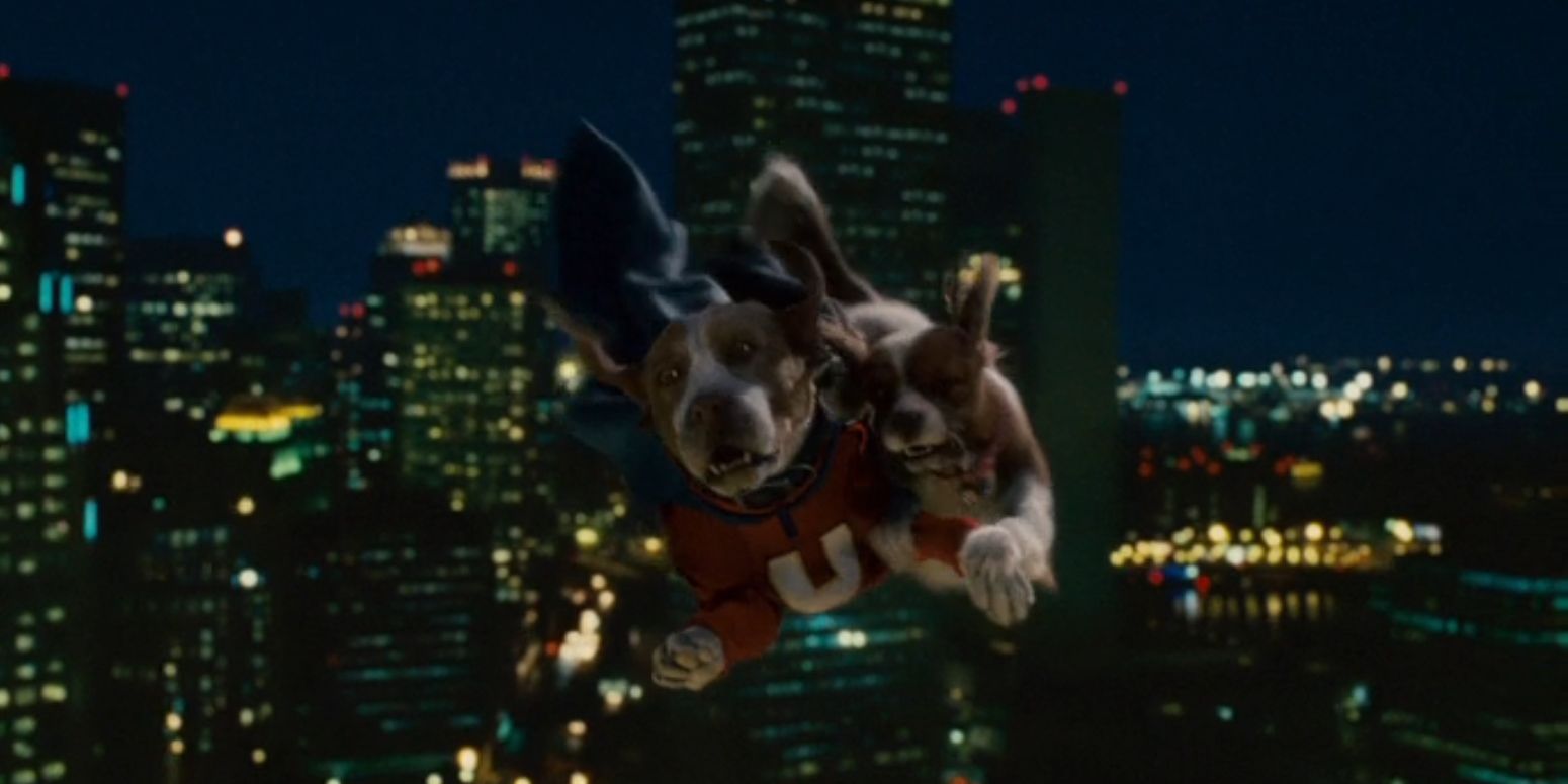 Underdog, voiced by Jason Lee, flies through the sky with Polly Purebred, voiced by Amy Adams, in 'Underdog'.