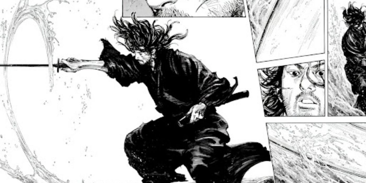 Panel of Musashi slashing in Vagabond manga