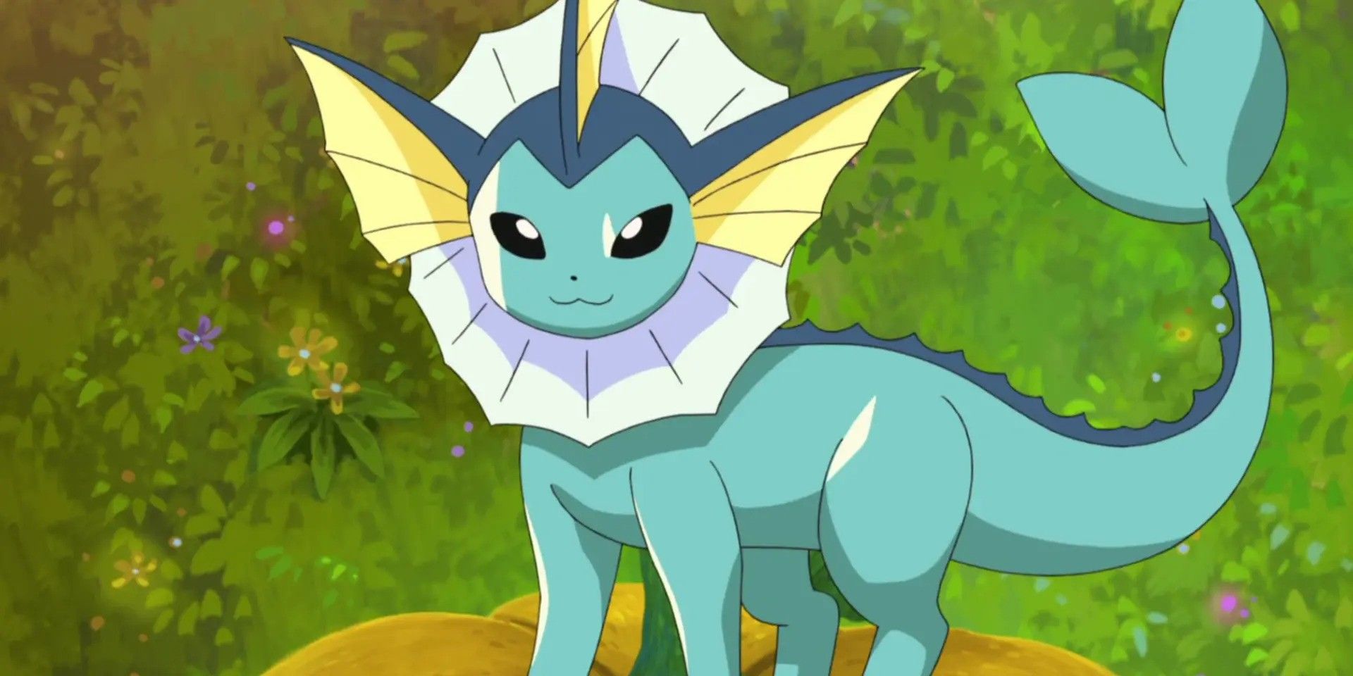 The Bubble Jet Pokemon Vaporeon standing on top of a pumpkin in the Pokemon anime short Eevee and Friends