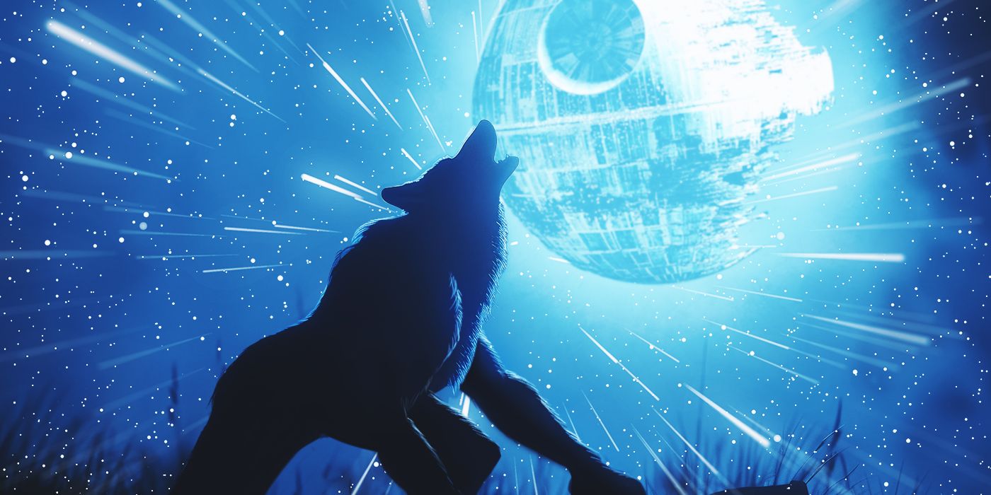 A werewolf howling in front of the Death Star from ROTJ