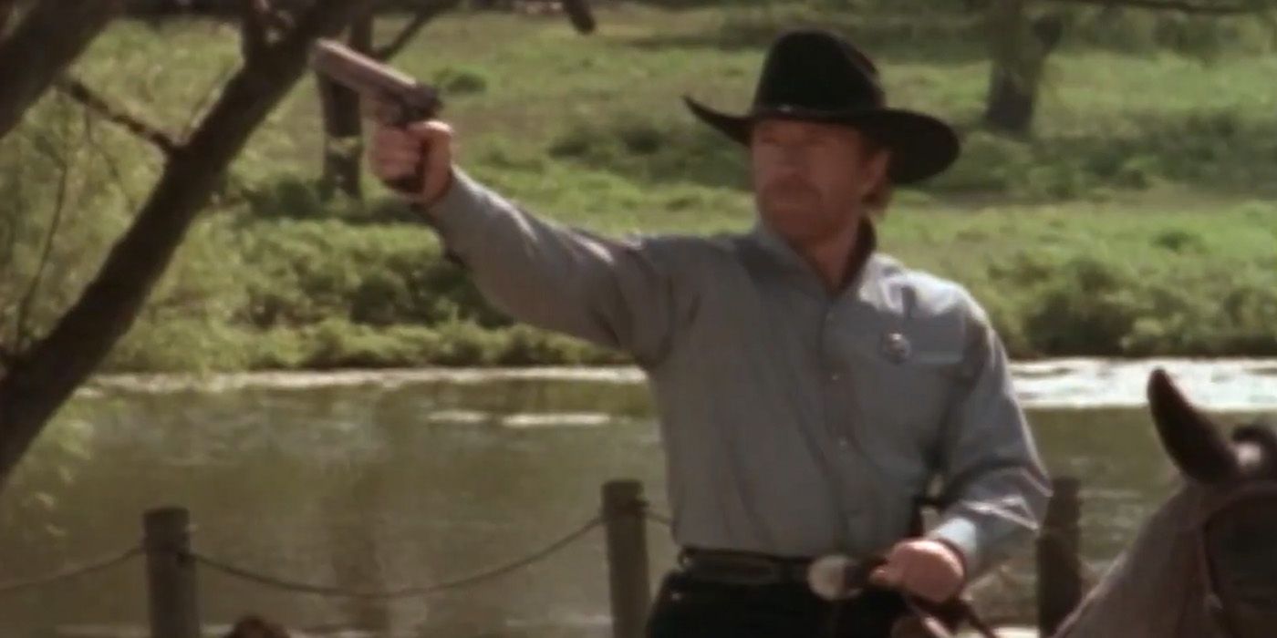 Cordell Walker (Chuck Norris) on horseback with a gun on 'Walker, Texas Ranger'